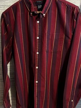 GAP Men's Burgundy and Navy Vertical Stripe Button-Down Shirt